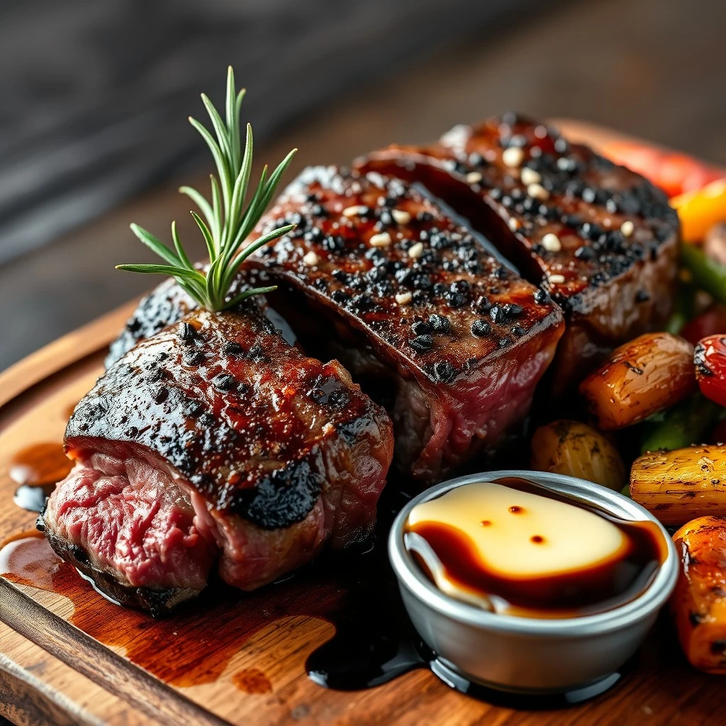 Bavette steak recipe served with roasted vegetables and herbs